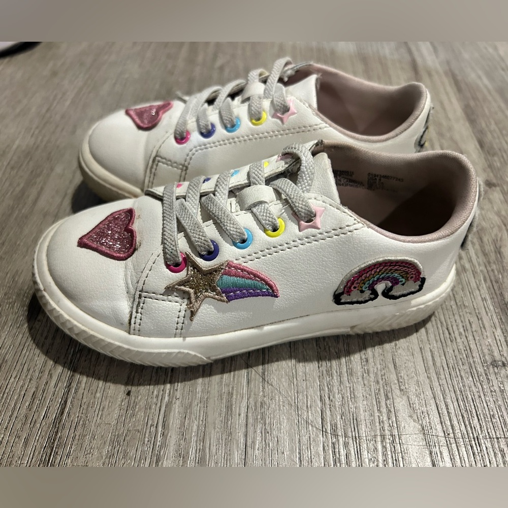 Girls White and Pink Sneakers with Rainbow Design